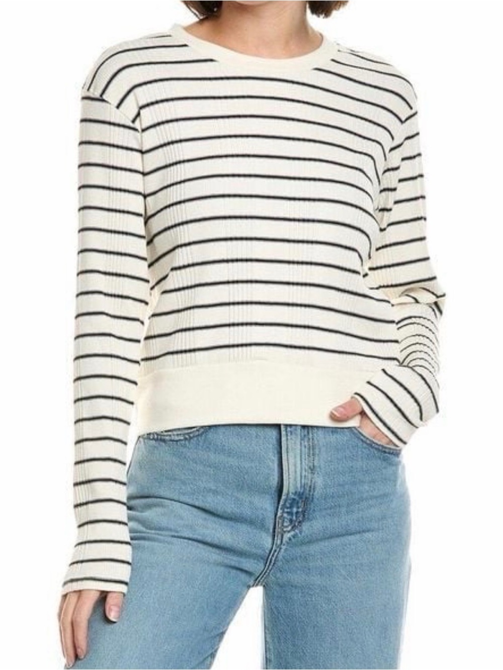 Perfect White Tee Stef Long Sleeve Boxy Tee in Sugar & Black Stripe Size Medium